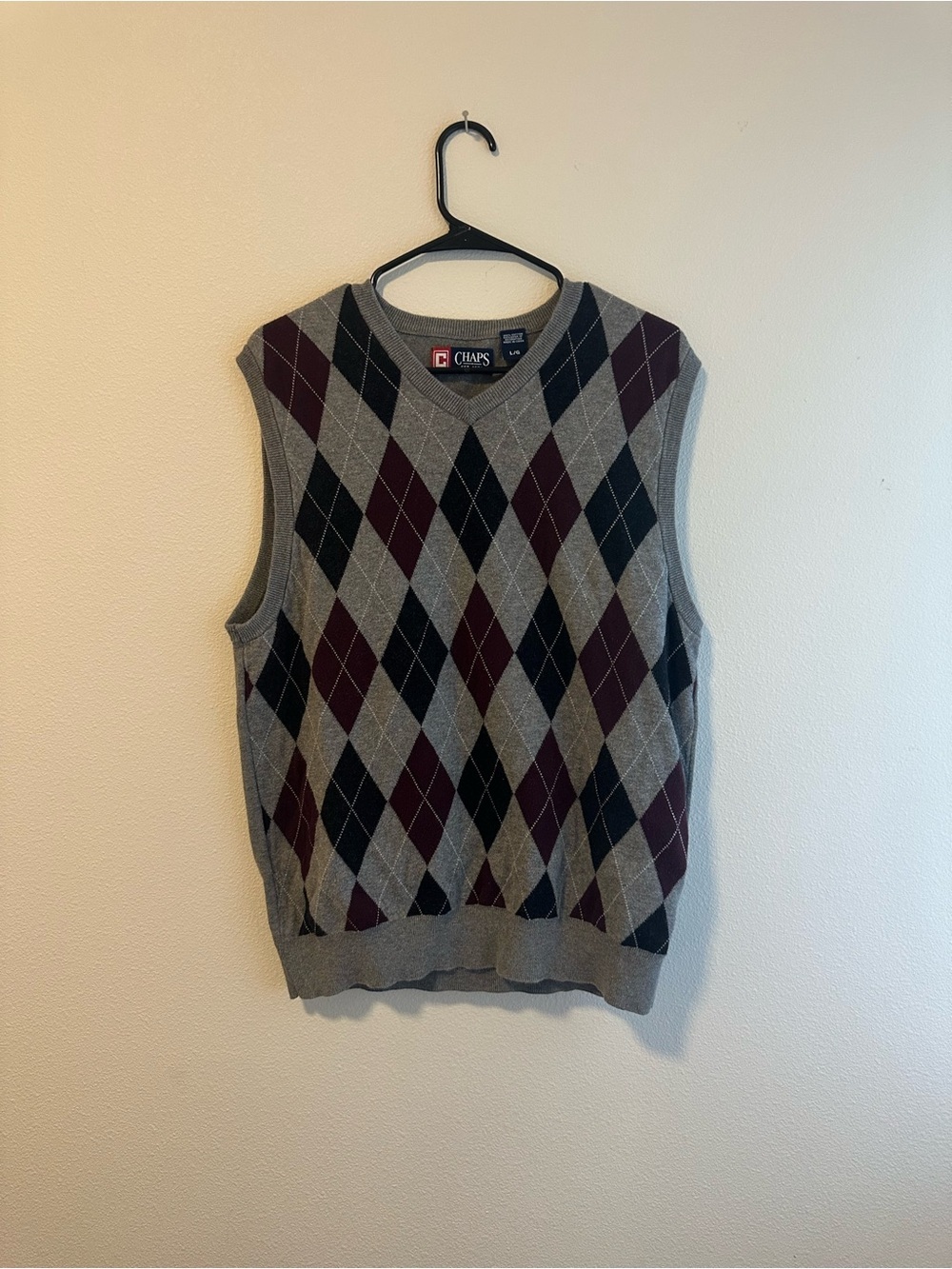 Chaps Men's Gray Argyle Sweater Vest with Burgundy & Black